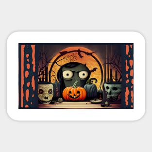 Cartoon Character Surrounded by Pumpkins and Skulls Sticker